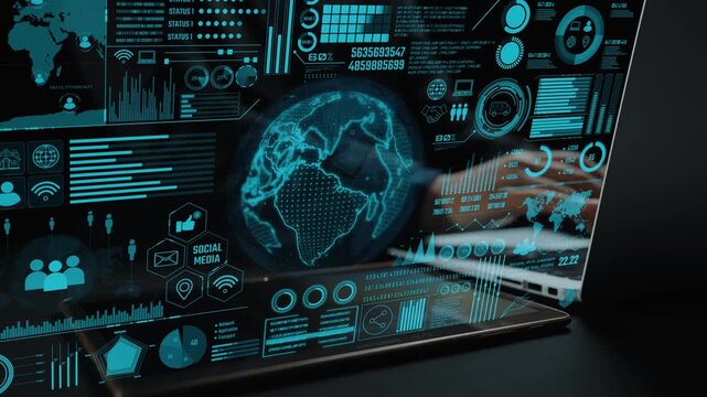 Explore a vibrant digital interface showcasing global communication networks, data analytics graphics, and interactive elements that illustrate modern technology concepts. Cipher - Powered by Adobe