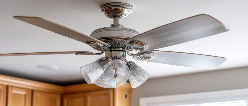 Modern ceiling fan with sleek design and wooden blades provides a cool breeze in a stylish room setting during warm days