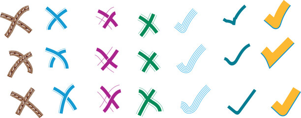 Handwritten Colorful Check Marks and X Symbols Grid