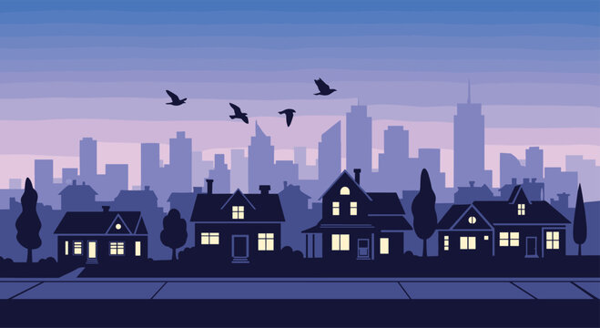 Silhouetted cityscape at dusk with birds flying over suburban homes.
