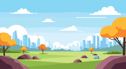 Fototapeta premium A serene cityscape viewed from a park with autumn trees and clear blue skies.