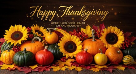 Autumn harvest pumpkins sunflowers and fall leaves