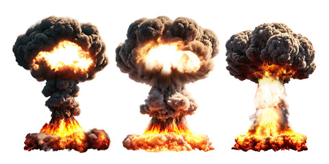 Three Nuclear Explosions Mushroom Clouds Isolated on bomb fire isolated on a transparent background
