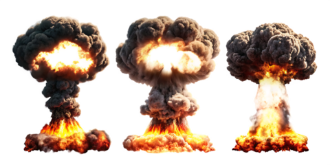 Three Nuclear Explosions Mushroom Clouds Isolated on bomb fire isolated on a transparent background