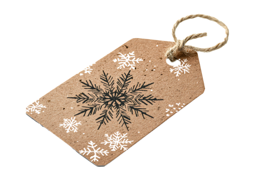 Sleek Christmas gift tag with snowflake print and string loop isolated on transparent background 