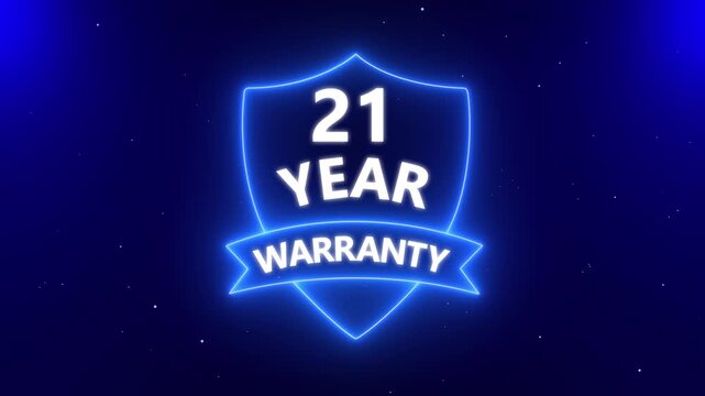 Glowing neon line 21 Years Warranty Badges Design Animation, Alpha channel, transparent background. 4K resolution 21 Years Warranty with Shield guarantee Support service icon. Customer trust quality