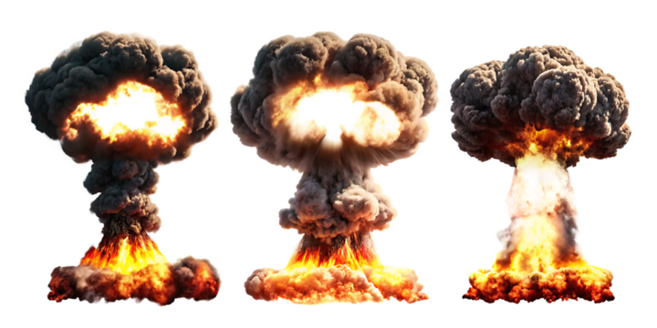 Three Nuclear Explosions Mushroom Clouds Isolated on bomb fire isolated on a transparent background