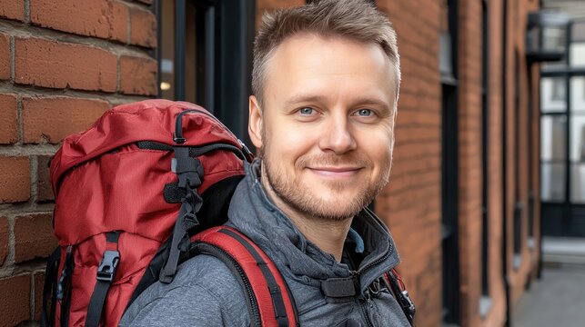 A young man enjoys a winter day, dressed warmly and smiling softly in a snowy setting with blurred buildings in the background