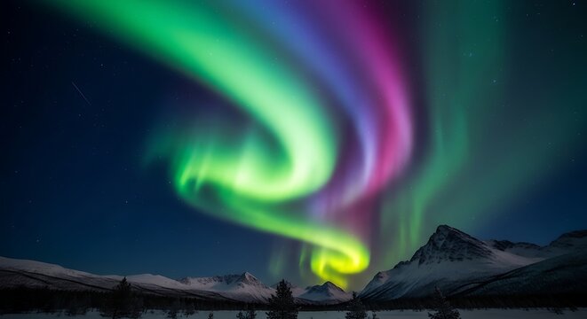 Vibrant Aurora Borealis dancing over a serene winter landscape with snow-capped mountains and a calm lake reflecting the colorful sky. - Powered by Adobe