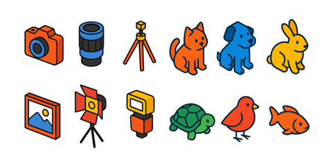 Fototapeta premium Photography and Pets Isometric Icon Set