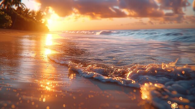 Golden sunset illuminates tranquil beach with gentle waves and palm trees