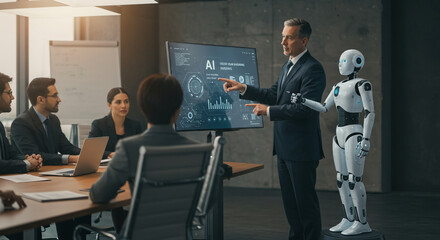 Business team collaborating on AI solutions during a presentation, with a futuristic robot, in a modern office environment, showcasing innovation