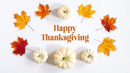 Autumn leaves and white pumpkins arranged around Happy Thanksgiving text