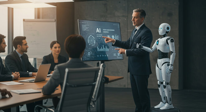 Business team collaborating on AI solutions during a presentation, with a futuristic robot, in a modern office environment, showcasing innovation