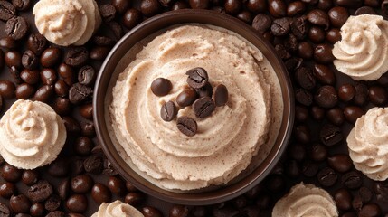 Creamy coffee dessert surrounded by rich roasted coffee beans on a dark background
