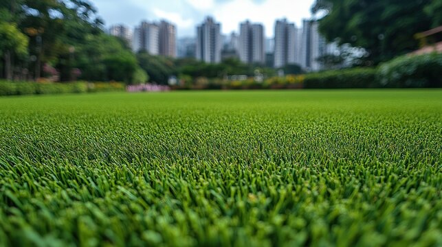 Vibrant green grass contrasts against city buildings in a serene urban park scene