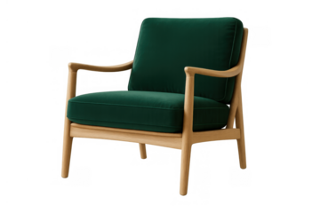 Green upholstered armchair with light wood frame, modern scandinavian design furnishing for interior spaces, transparent background