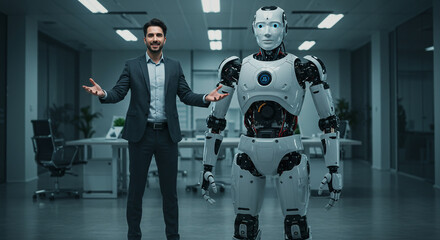 Confident businessman presenting advanced AI robot in modern office, showcasing innovation and future technology solutions