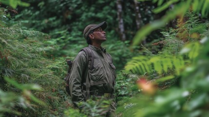 Obraz premium A wildlife tracker in field uniform stands alert at the edge of a forest, surrounded by natural greenery. Equipped for outdoor observation,