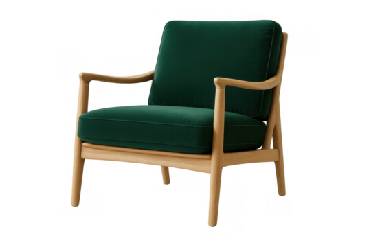 Green upholstered armchair with light wood frame, modern scandinavian design furnishing for interior spaces, transparent background
