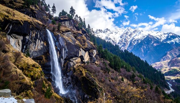 Majestic waterfall cascading down rocky cliffs in the Himalayas.