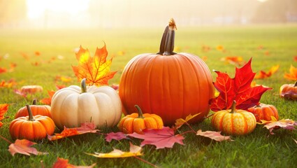 Autumn pumpkins and colorful leaves on green grass