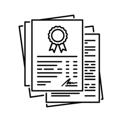Stacked official documents icon, featuring a certificate with a seal, signature, and text lines, symbolizing award, diploma.
