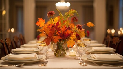 Autumn table setting with fall leaves centerpiece and candles
