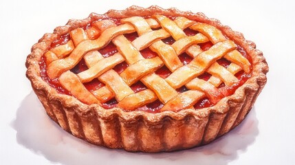 Freshly baked cherry pie with a classic lattice crust on a clean white background