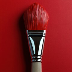 Creative brush covered in vibrant red paint resting on a bold backdrop