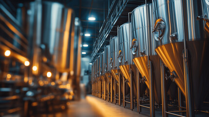 Large brewery production line, stainless steel fermentation tanks, automated bottling system, warm ambient lighting, detailed craft beverage environment.