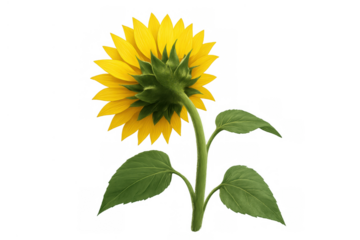 Sunflower plant standing with yellow petals from back view, showing green stem and leaves on transparent background