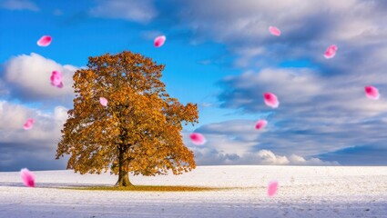 Autumn tree in snow with falling pink petals winter