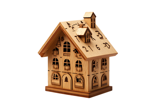 Wooden Christmas countdown calendar shaped like a house isolated on a transparent background 