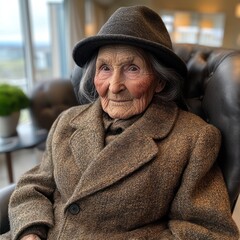 Elderly woman wearing a hat and coat sits comfortably in a cozy indoor setting