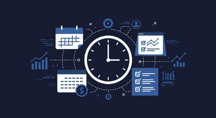 Effective time management concept with clock, calendar, charts, and financial elements, perfect for business planning and project success