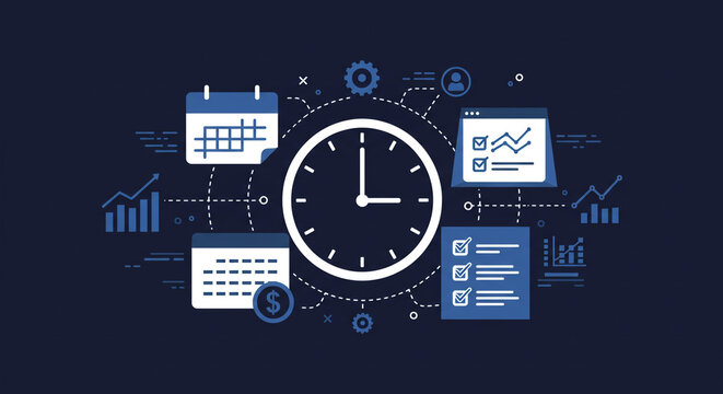 Effective time management concept with clock, calendar, charts, and financial elements, perfect for business planning and project success