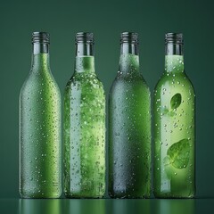 Refreshing green bottles with droplets showcasing vibrant liquid in a studio setting