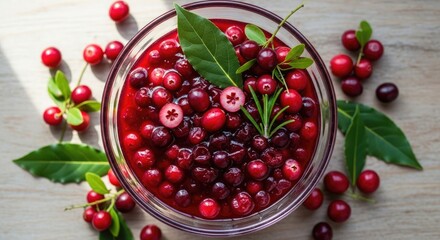 Bowl of fresh cranberries and cranberry sauce with leaves