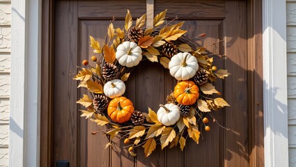 Autumn wreath with pumpkins and pinecones on wooden door