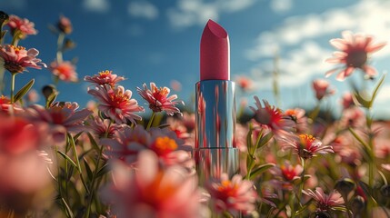 Colorful lipstick stands out among blooming flowers during sunny day in nature