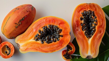 Bright orange papaya halves showcasing juicy flesh and dark seeds on a white surface