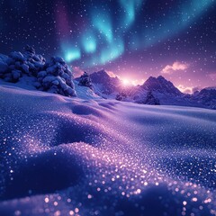Captivating auroras dance above glimmering snow in a serene mountain landscape