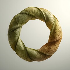 A circular, twisted Mobius strip-like form made of transitioning green to brown leaves, symbolizing nature's cycle.