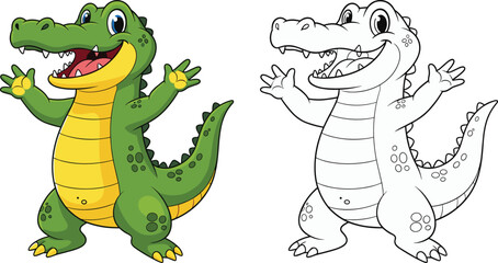 Fototapeta premium Cute cartoon alligator vector illustration with coloring book page outline isolated on white background showing happy crocodile character waving hands.