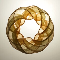 Translucent woven fabric sculpture in a toroidal shape with undulating layers and earthy tones.
