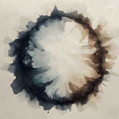 Abstract circular ink stain with a gradient of blue-grey to sepia tones on a light background, featuring feathered edges and a central void.