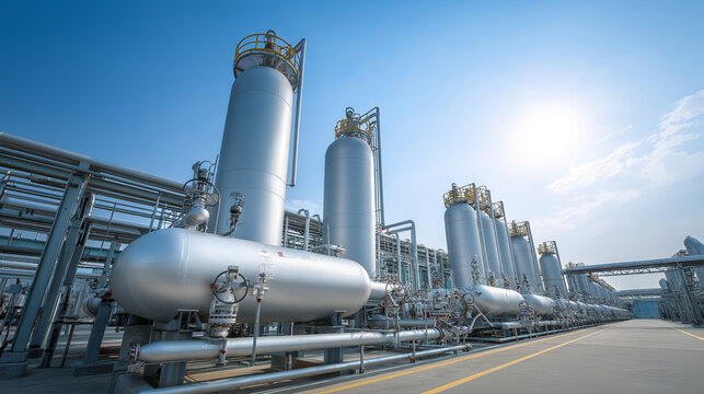 Large industrial gas storage facility, pressurized tanks, pipelines, safety valves, bright daylight, metallic surfaces, clean engineering arrangement.