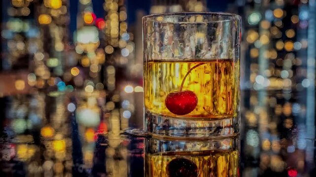 Elegant whiskey cocktail with cherry against city skyline at night &ndash; luxury nightlife and urban drink concept
