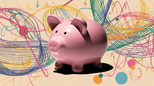 Clay Piggy Bank Sits Among Vibrant Abstract Graphs Representing Finance and Savings Concepts